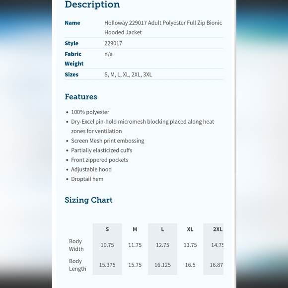 Holloway Polyester Full Zip Bionic Hooded Jacket Style 229017 Dry-Excel Pin-Hold - Picture 11 of 12